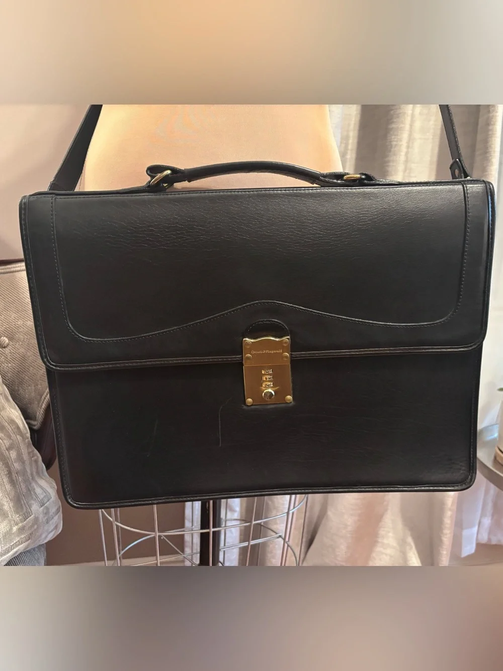 Vintage Crouch & Fitzgerald Black Leather Briefcase Brass Lock Attache Bag